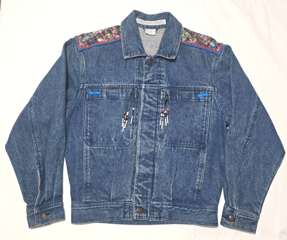 Vintage Smith & Hawken Denim Jacket XS Boho Beaded Plaid Yoke Cotton Distressed